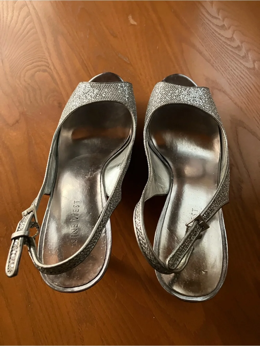 Nine West Women’s Sharon’s Metallic Silver Slingback Peep-Toe Heels Size 9